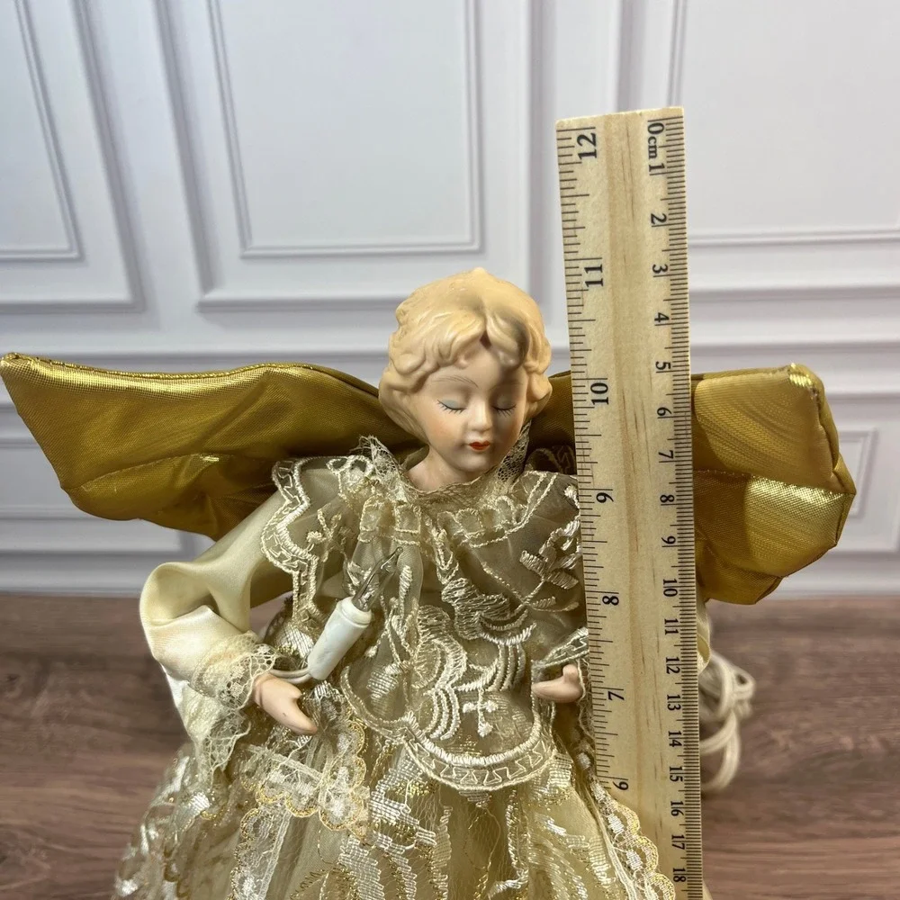 Vintage Animated Angel Tree Topper Christmas 11in Gold Cream Moving Wings Lit - Picture 10 of 13